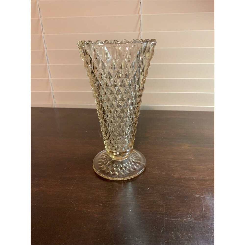 Vintage Indiana Glass pink Diamond Point pressed glass pedestal vase.